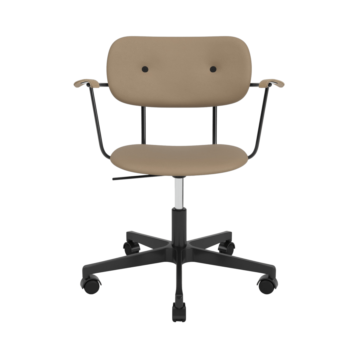 Co Task Chair with Arms in stone leather, featuring black painted oak armrests and a black five-star swivel base.