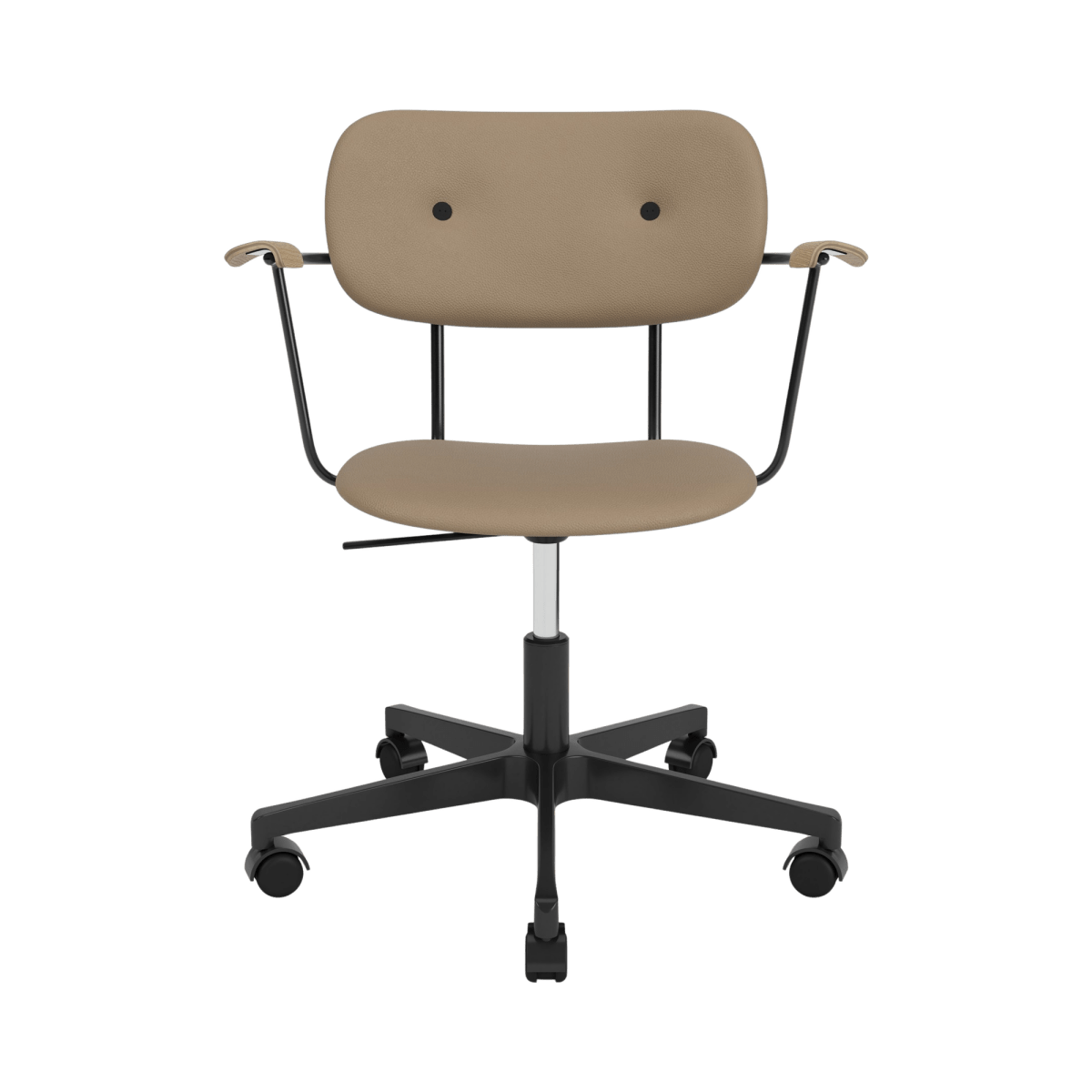 Co Task Chair with tan Sierra 1611 leather upholstery, natural oak armrests, and a black swivel base with casters.