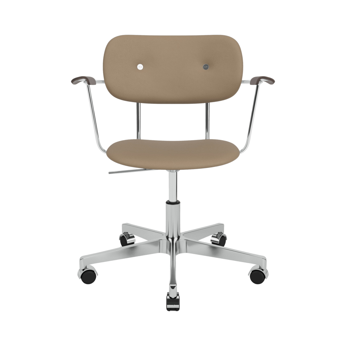 Co Task Chair featuring Sierra 1611 leather, dark stained oak armrests, and a chrome swivel base with casters, front view.