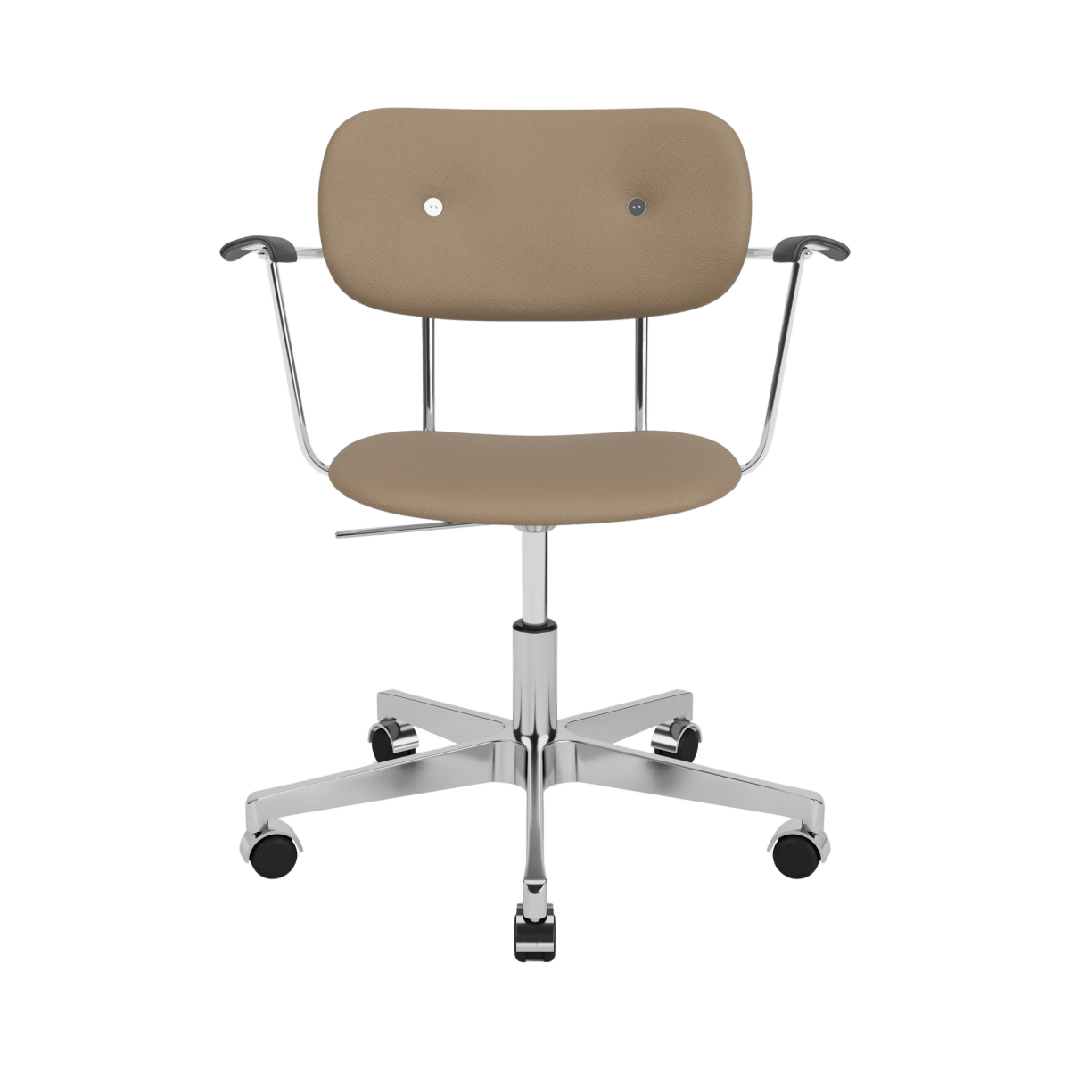 Co Task Chair with Arms in tan Sierra 1611 leather, featuring a five-star chrome swivel base and black oak armrests.
