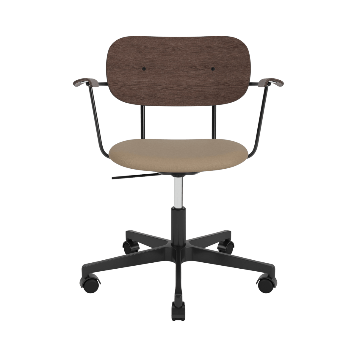 Co Task Chair with Arms featuring dark stained oak back and armrests, tan Sierra 1611 seat, and black base with casters.