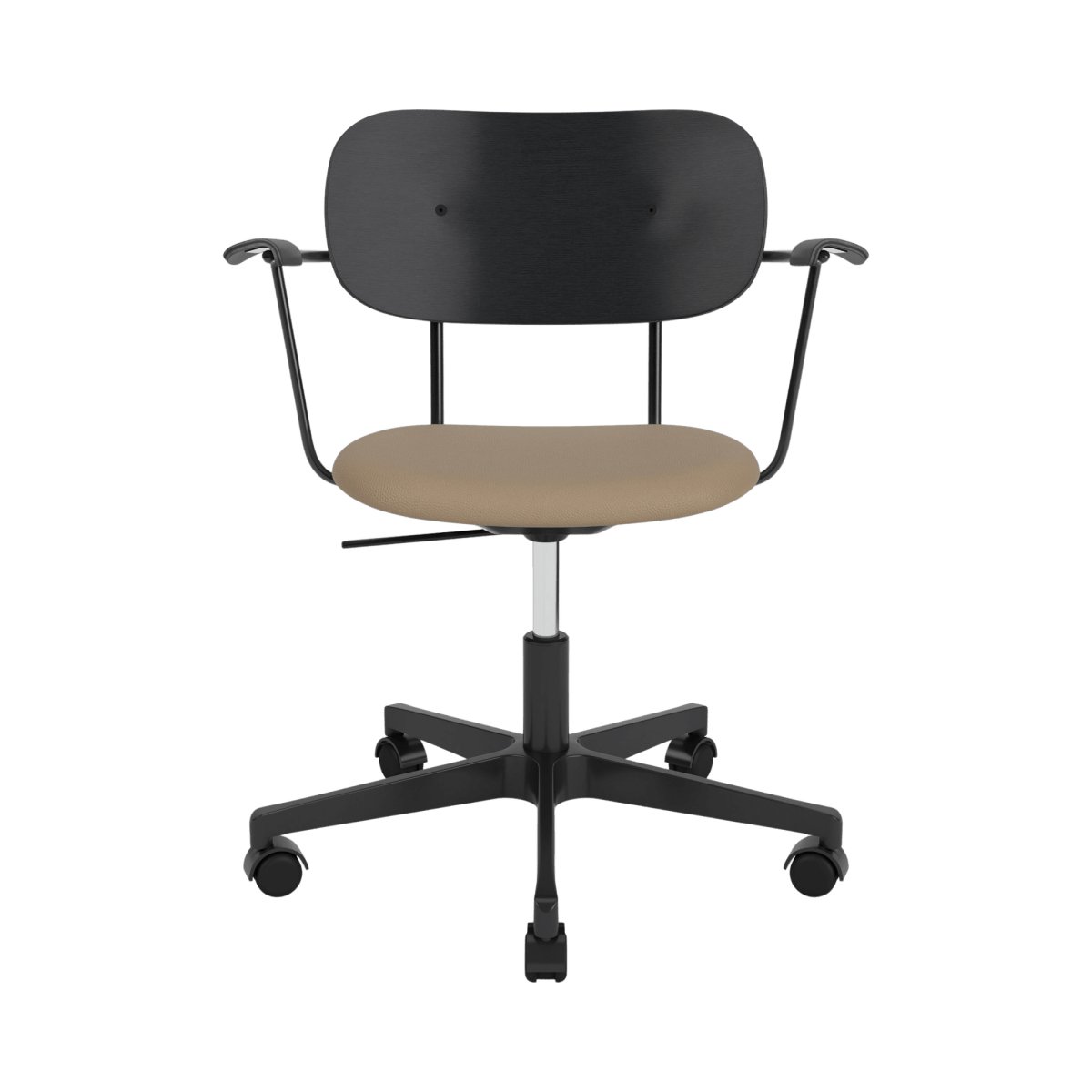 Co Task Chair with arms, black painted oak backrest, tan Sierra 1611 upholstered seat, and a black five-star swivel base.