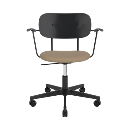 Co Task Chair with arms, black painted oak backrest, tan Sierra 1611 upholstered seat, and a black five-star swivel base.
