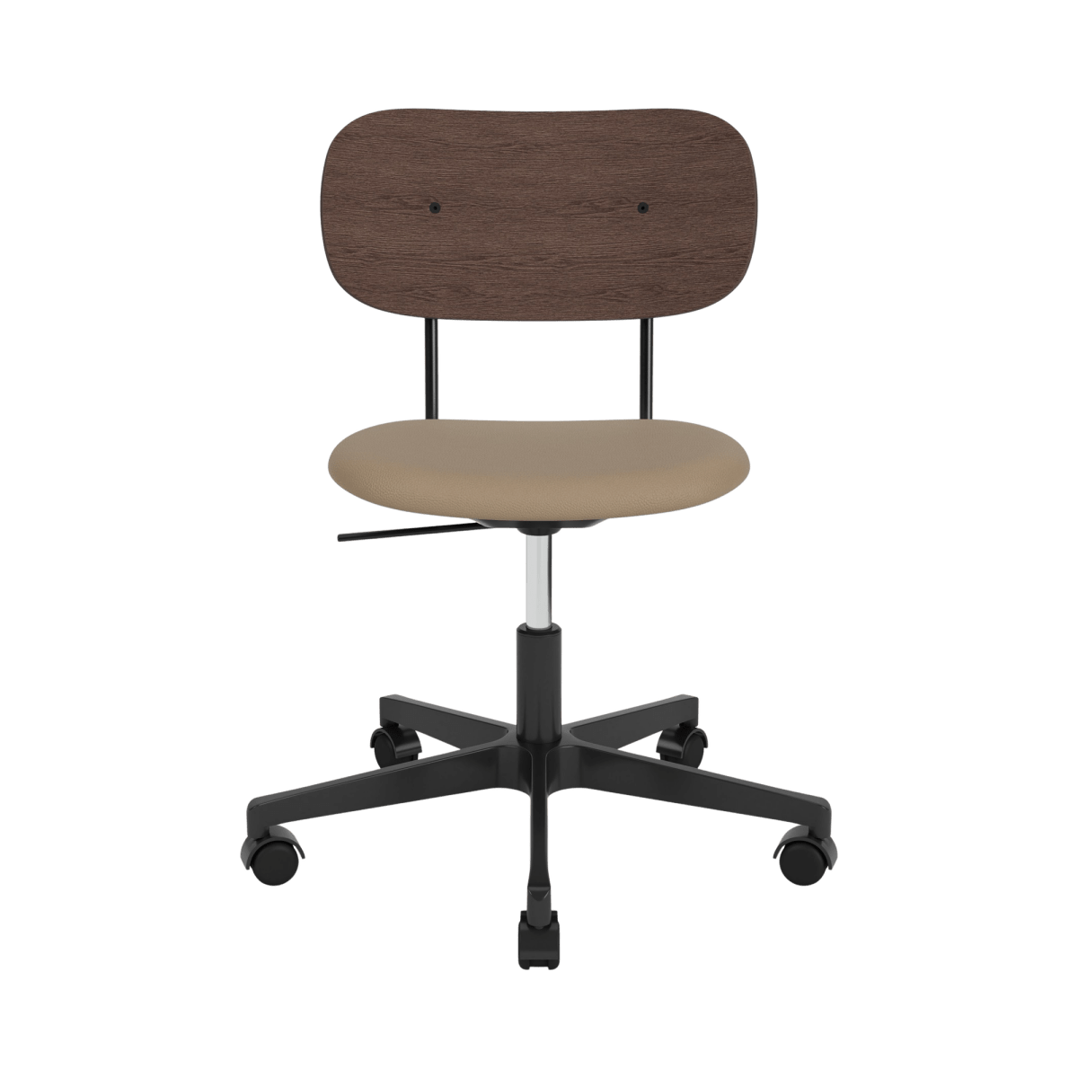 Front view of the Co Task Chair with a dark stained oak back and tan Sierra 1611 upholstered seat on a black swivel base.