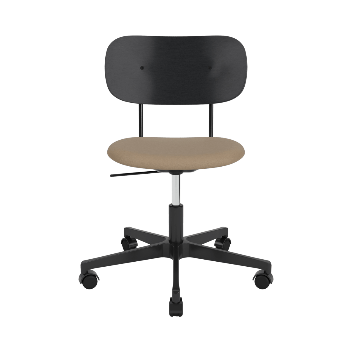 Co Task Chair with a black oak backrest and Stone leather upholstered seat on a black five-star swivel base.