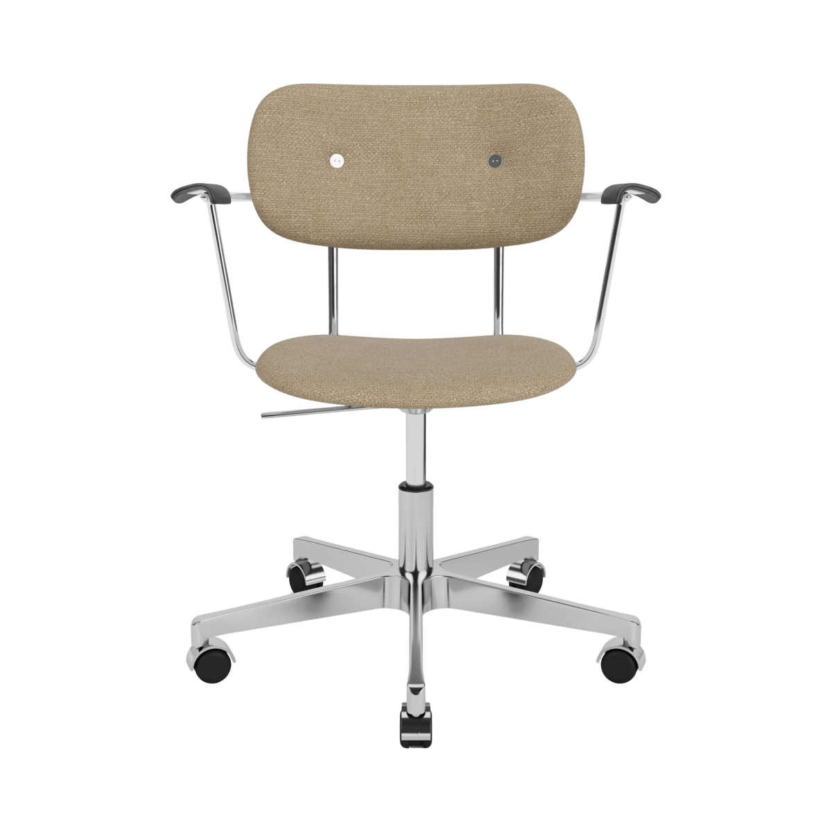 Co Task Chair with arms upholstered in beige Audo Bouclé 02, featuring black oak armrests and a polished chrome base.