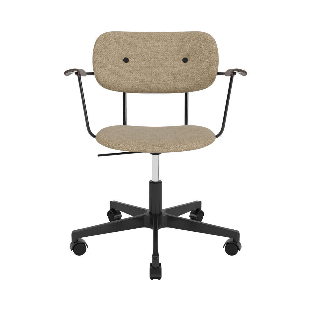 Co Task Chair featuring beige Bouclé 02 upholstery, dark stained oak armrests, and a black five-star swivel base.
