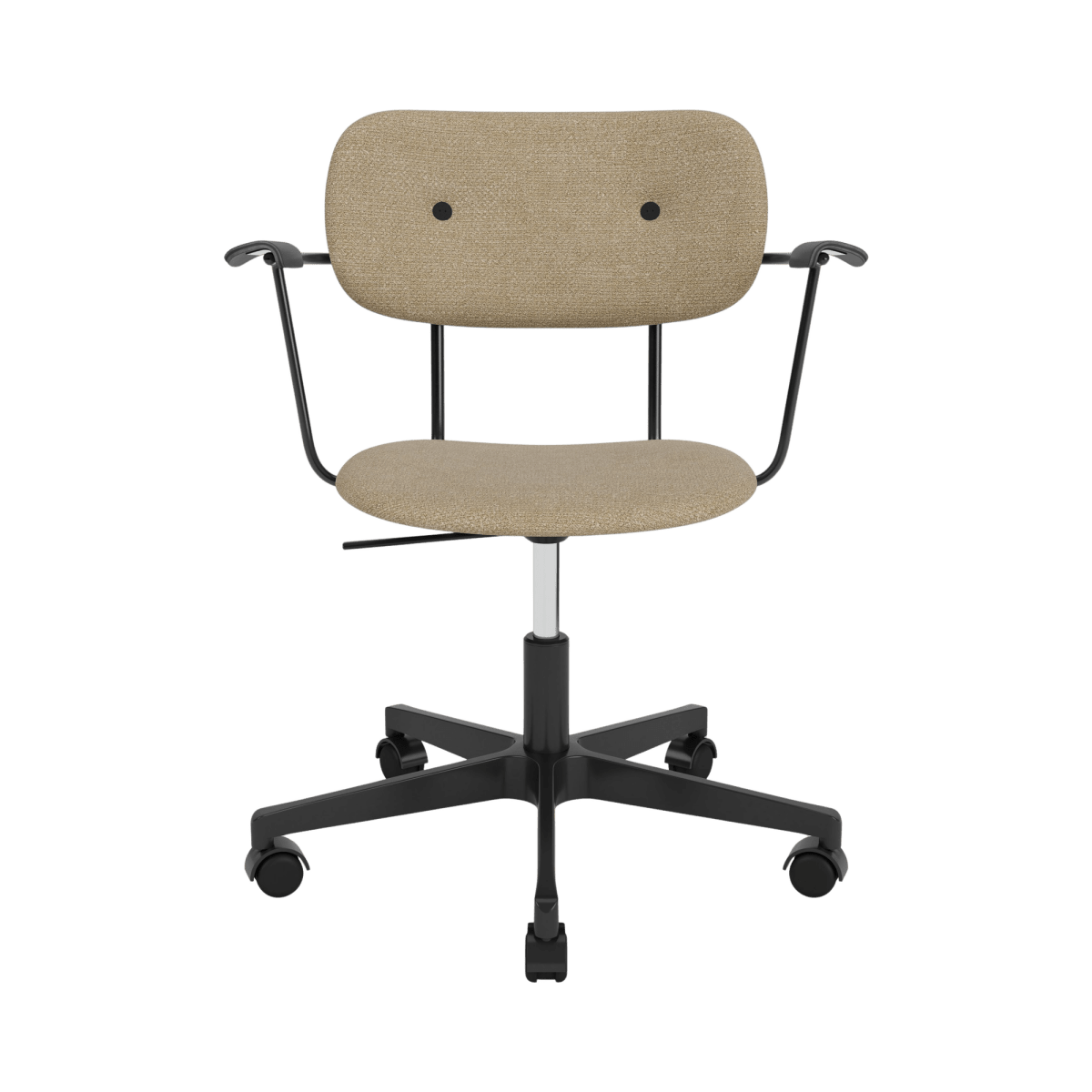 Co Task Chair upholstered in tan bouclé with black painted oak armrests and a black five-star swivel base with casters.