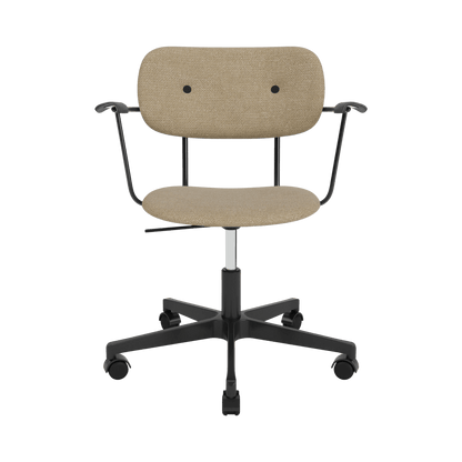 Co Task Chair upholstered in tan bouclé with black painted oak armrests and a black five-star swivel base with casters.