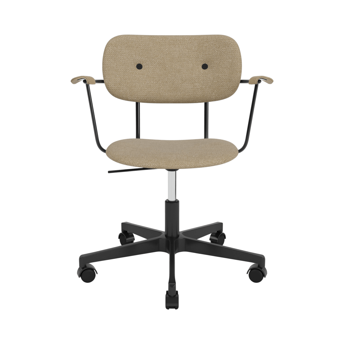 Co Task Chair with arms in beige Audo Bouclé upholstery, featuring natural oak armrests and a black swivel base.
