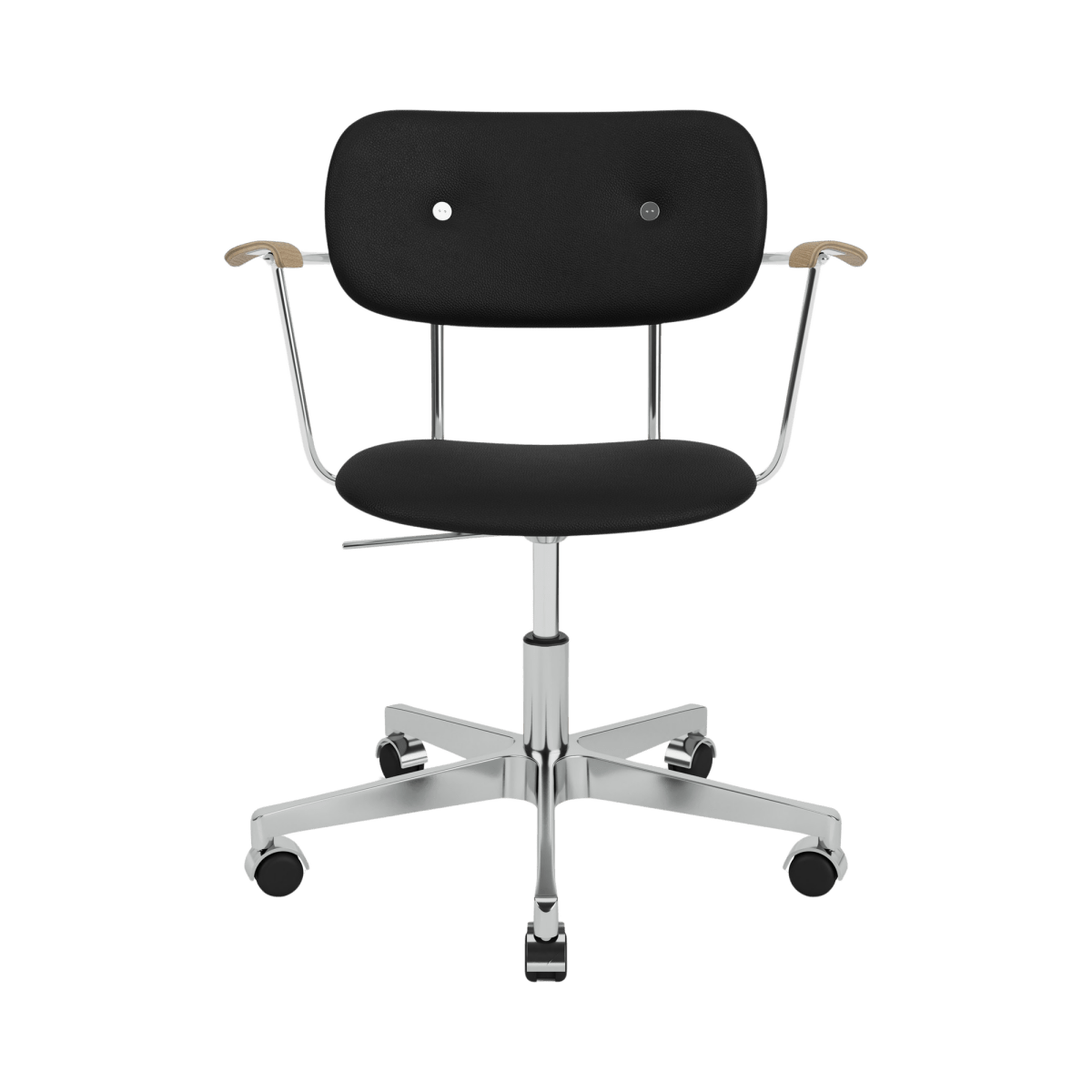 Co Task Chair with black Sierra leather upholstery, chrome swivel base with casters, and natural oak armrests.