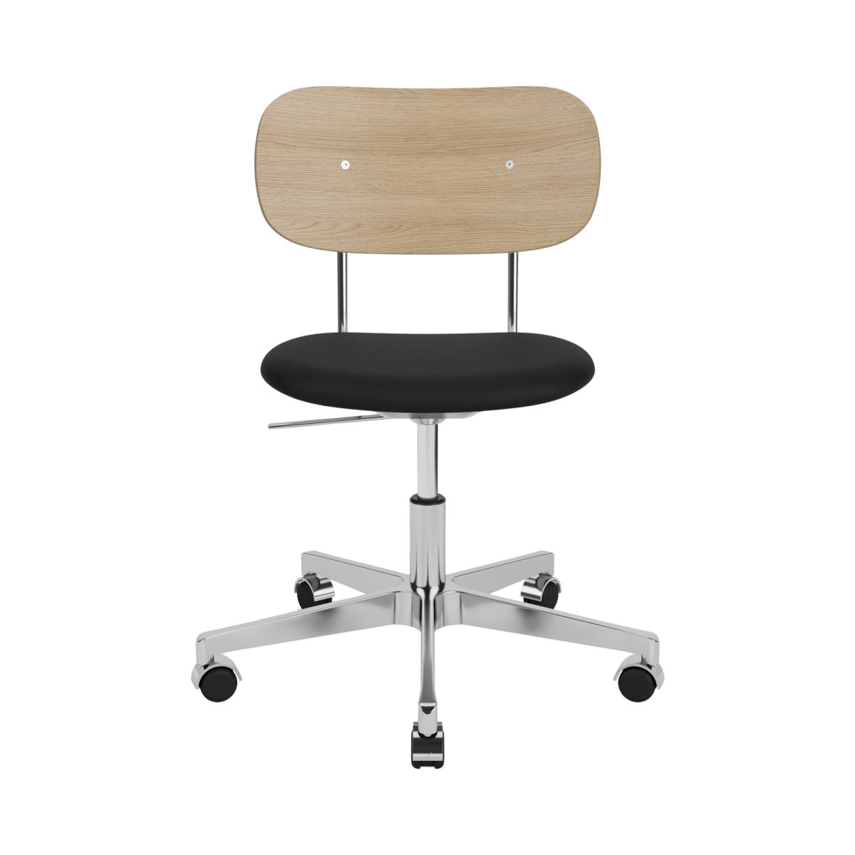 Minimalist Co Task Chair with a natural oak back, black upholstered seat and a polished chrome swivel base with castors.