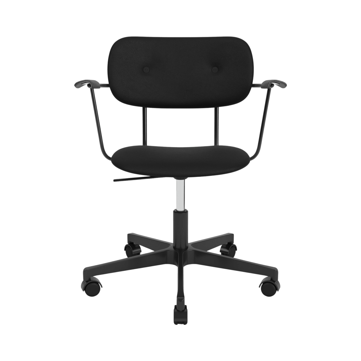 Co Task Chair with arms, fully upholstered in black Sierra leather on a matching five-star swivel base with casters.