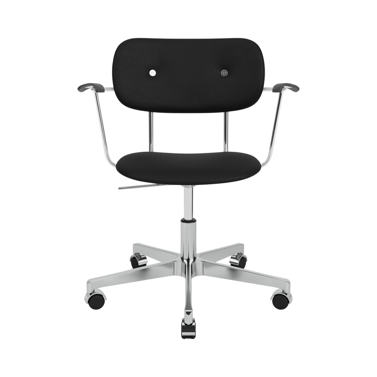 Fully upholstered Co Task Chair with Arms in black Sierra leather on a chrome swivel base with black oak armrests.