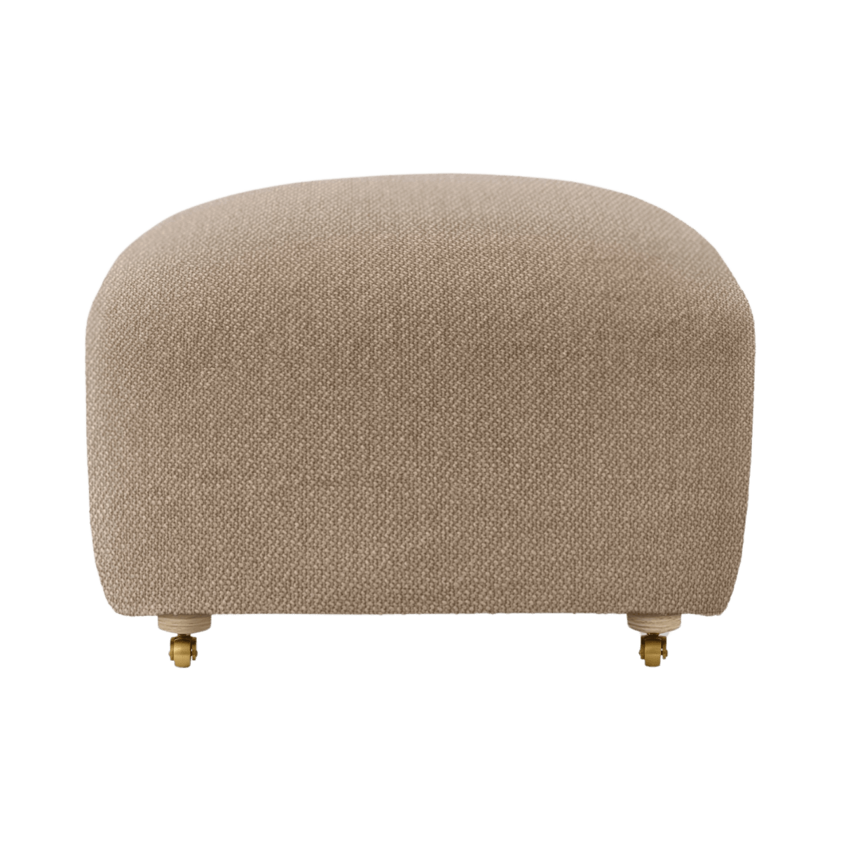 Front view of The Tired Man Ottoman upholstered in neutral Baena fabric with wooden feet and brass castor wheels.