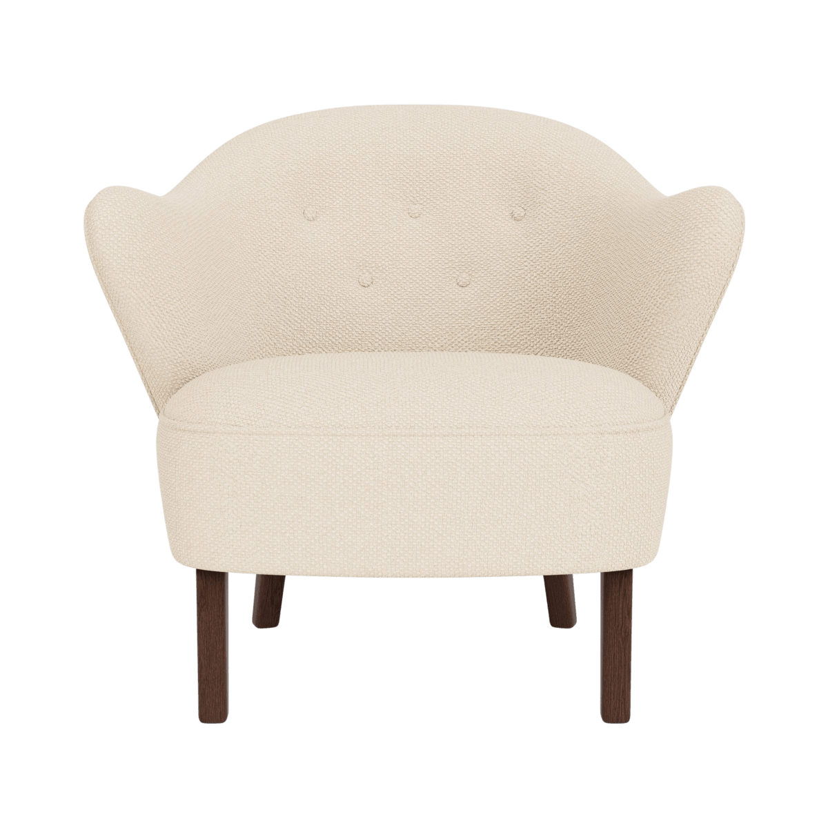 Front view of the Ingeborg Lounge Chair upholstered in Logan Jasmine fabric with dark-stained oak legs.