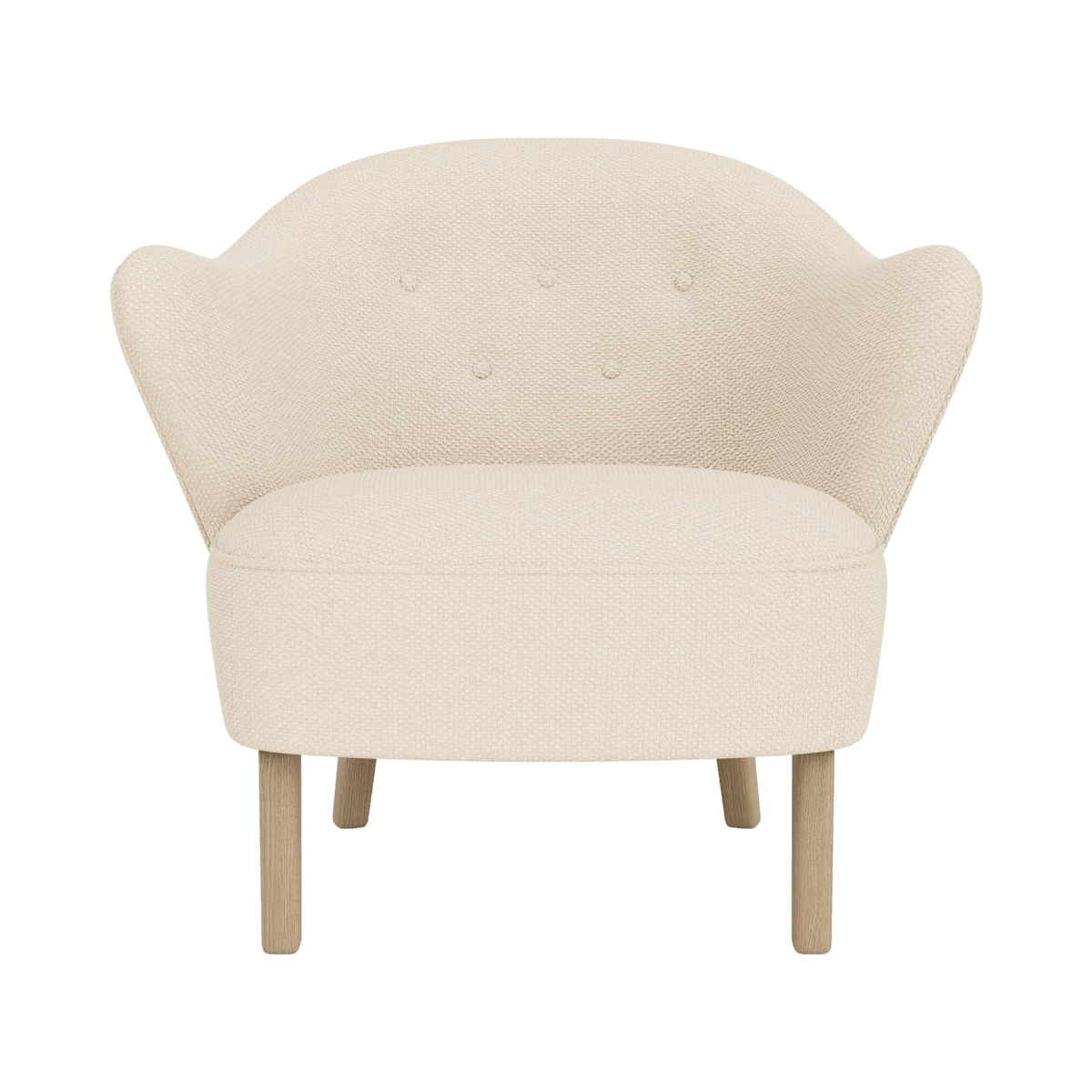 Front view of the Ingeborg Lounge Chair in Logan Jasmine textile with natural oak legs against a plain background.