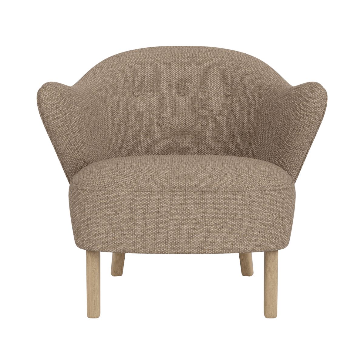 Ingeborg Lounge Chair upholstered in Logan Flint fabric with natural oak legs, viewed from the front.