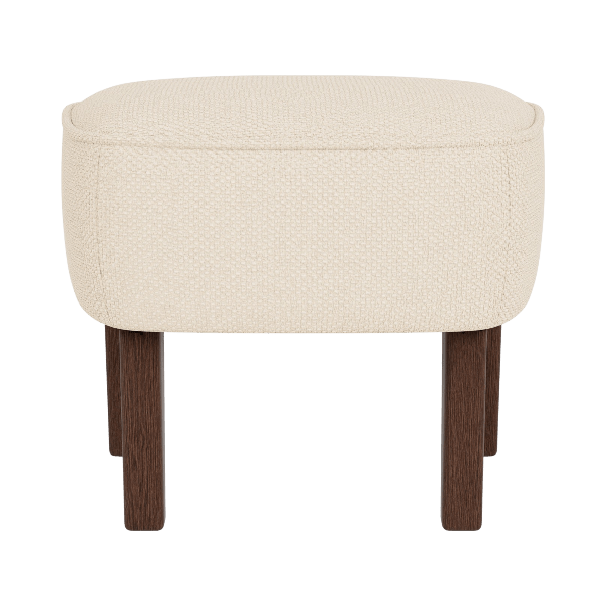 Front view of the Ingeborg Ottoman upholstered in light beige fabric with dark smoked oak wooden legs.