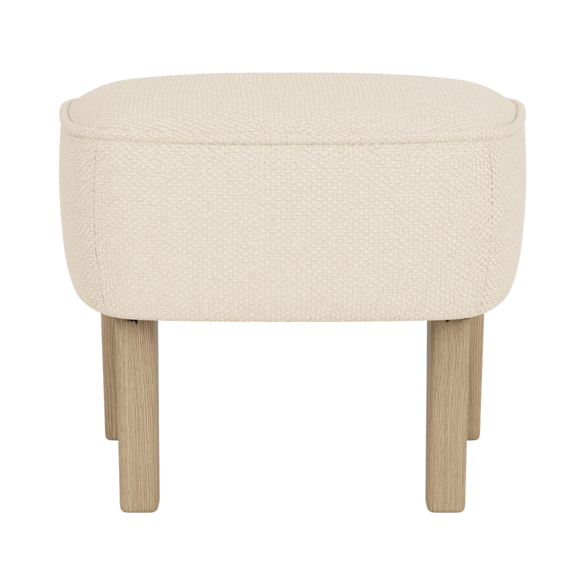 Front view of the Ingeborg Ottoman upholstered in cream textured fabric with natural oak wooden legs.