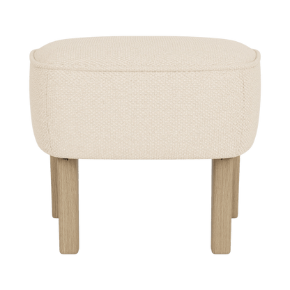 Front view of the Ingeborg Ottoman upholstered in cream textured fabric with natural oak wooden legs.