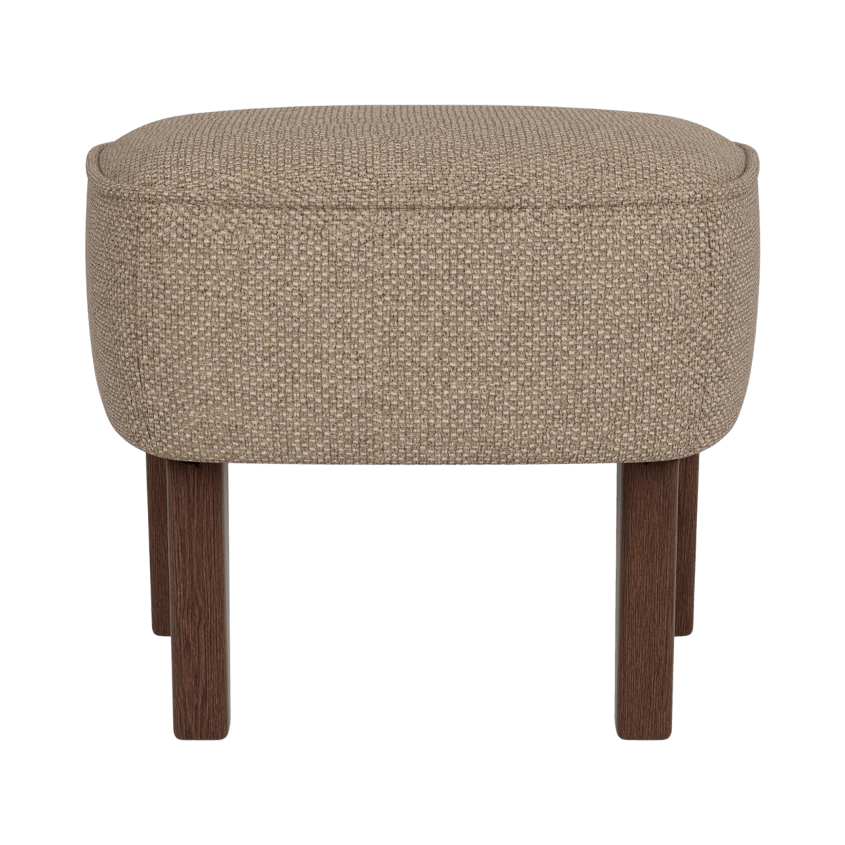 Ingeborg ottoman in Logan Flint textured fabric with dark-stained solid oak wooden legs viewed from the front.