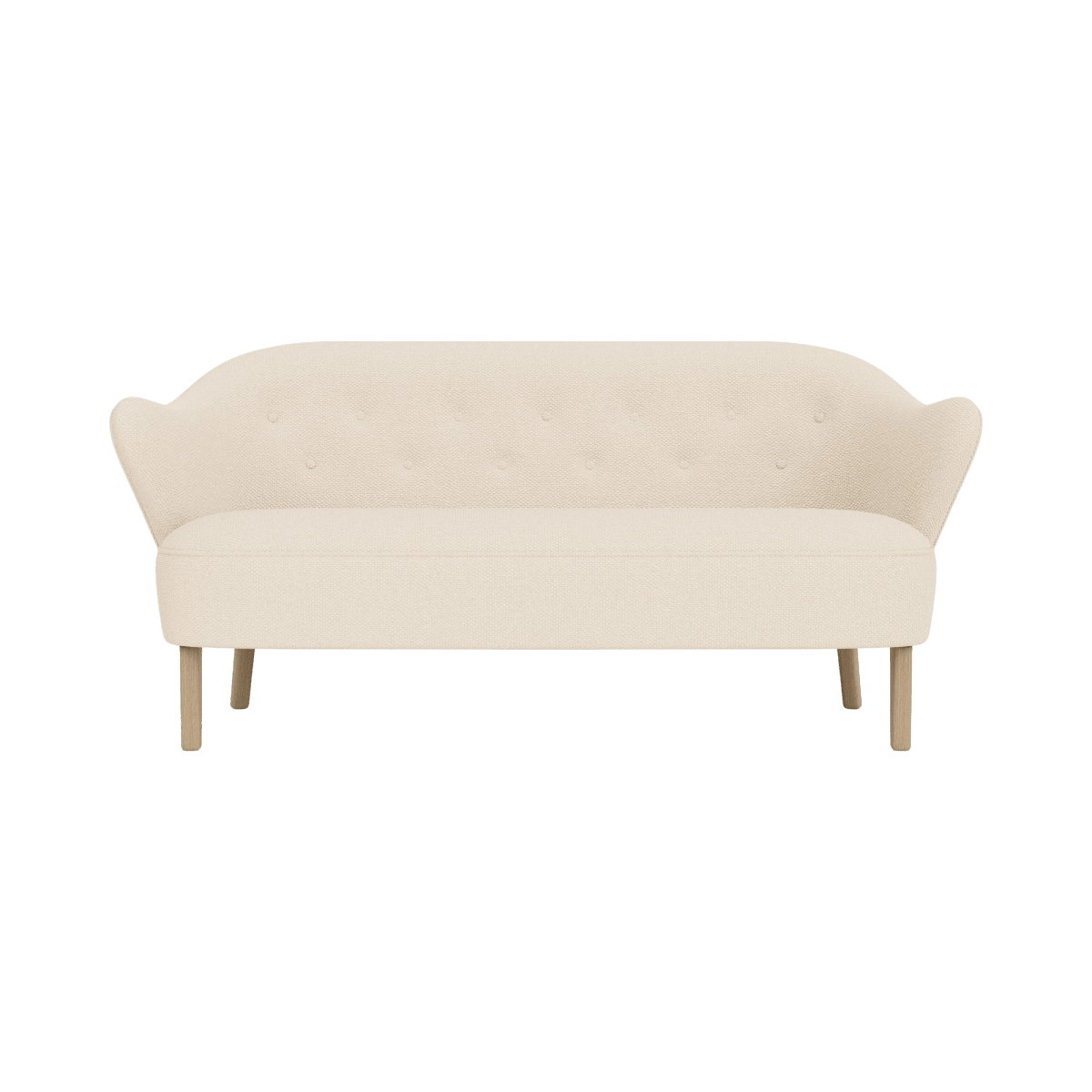 Front view of the Ingeborg Sofa upholstered in Logan Jasmine fabric with natural oak legs, set against a clean background.