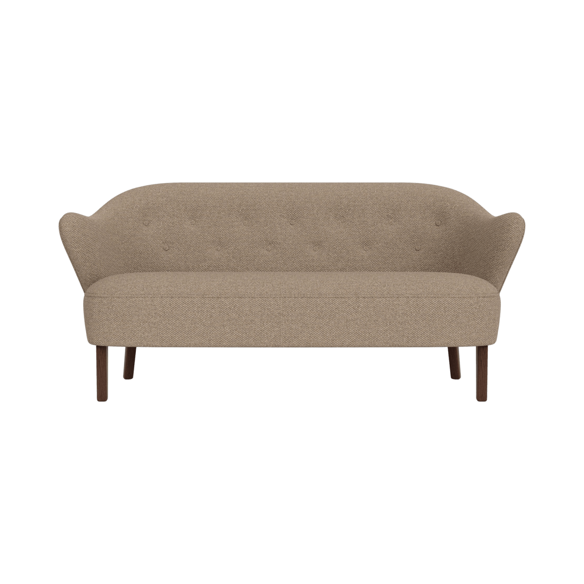 Ingeborg Sofa upholstered in Logan Flint textured fabric with smoked oak legs, shown from the front.