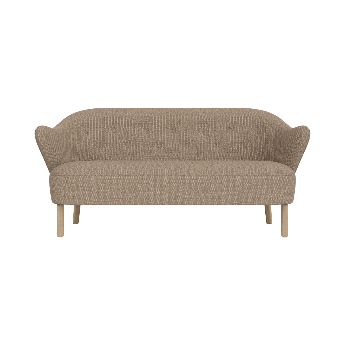 Ingeborg Sofa in Logan Flint textile upholstery featuring a buttoned back and natural oak legs viewed from the front.