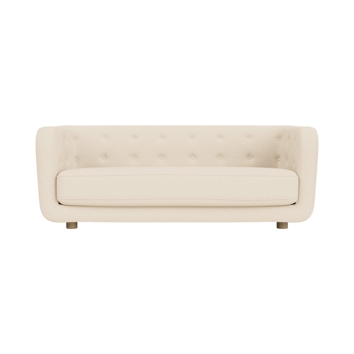 Front view of the Vilhelm Sofa upholstered in Logan Jasmine fabric with natural oak legs against a white background.