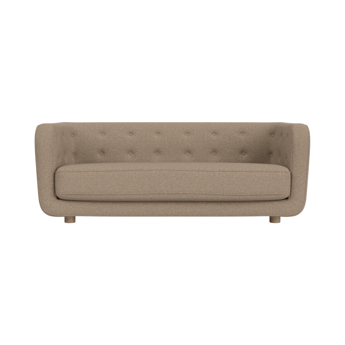 Vilhelm Sofa upholstered in Logan Flint fabric with natural oak legs, showing its rounded button-detailed back.