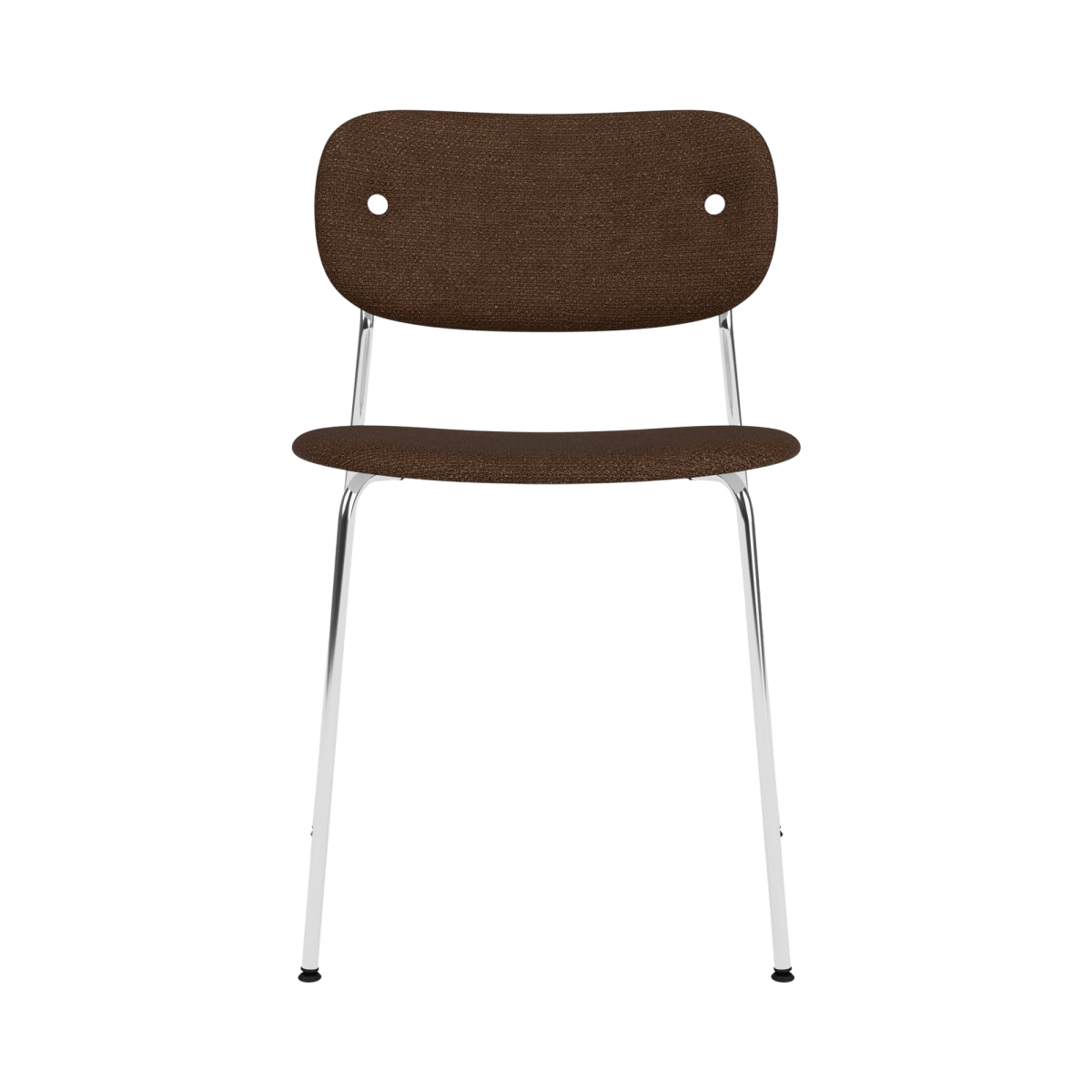 Co Dining Chair, Without Arms, fully upholstered in dark brown bouclé with a polished chrome frame.