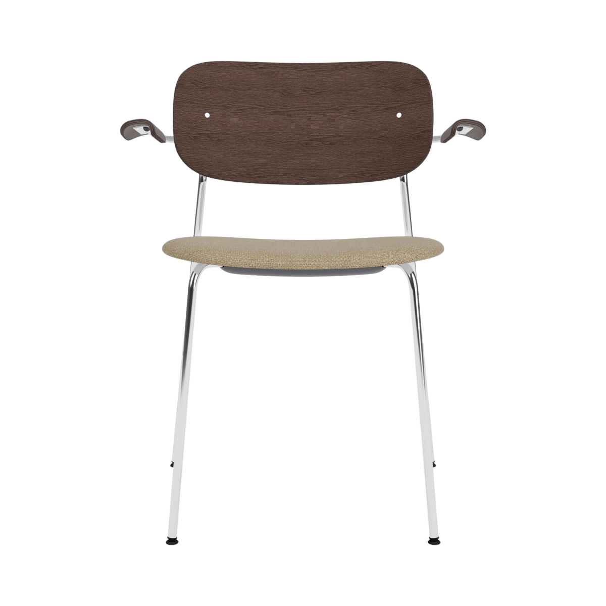 Co Dining Chair with Arms, front view, featuring a dark stained oak back, chrome frame, and beige bouclé seat.