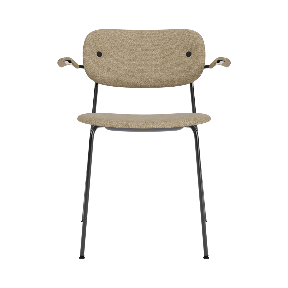 Fully upholstered Co Dining Chair with arms, featuring beige bouclé, a black steel frame, and natural oak armrests.