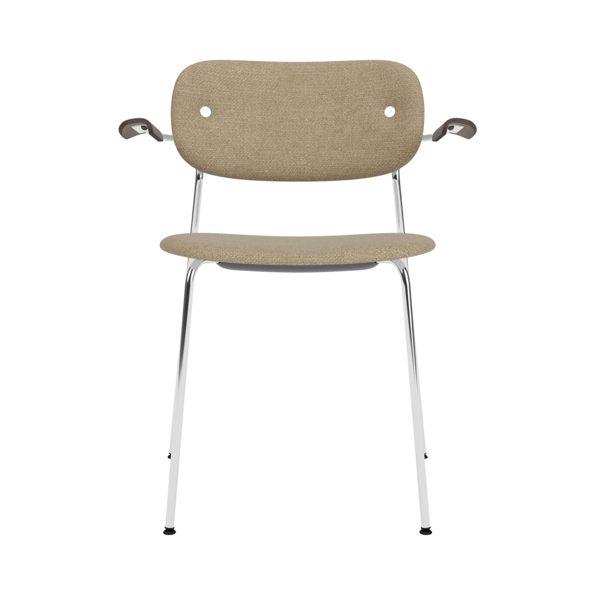 Front view of the Co Dining Chair With Arms in beige Audo Bouclé 02, with a chrome frame and dark stained oak armrests.
