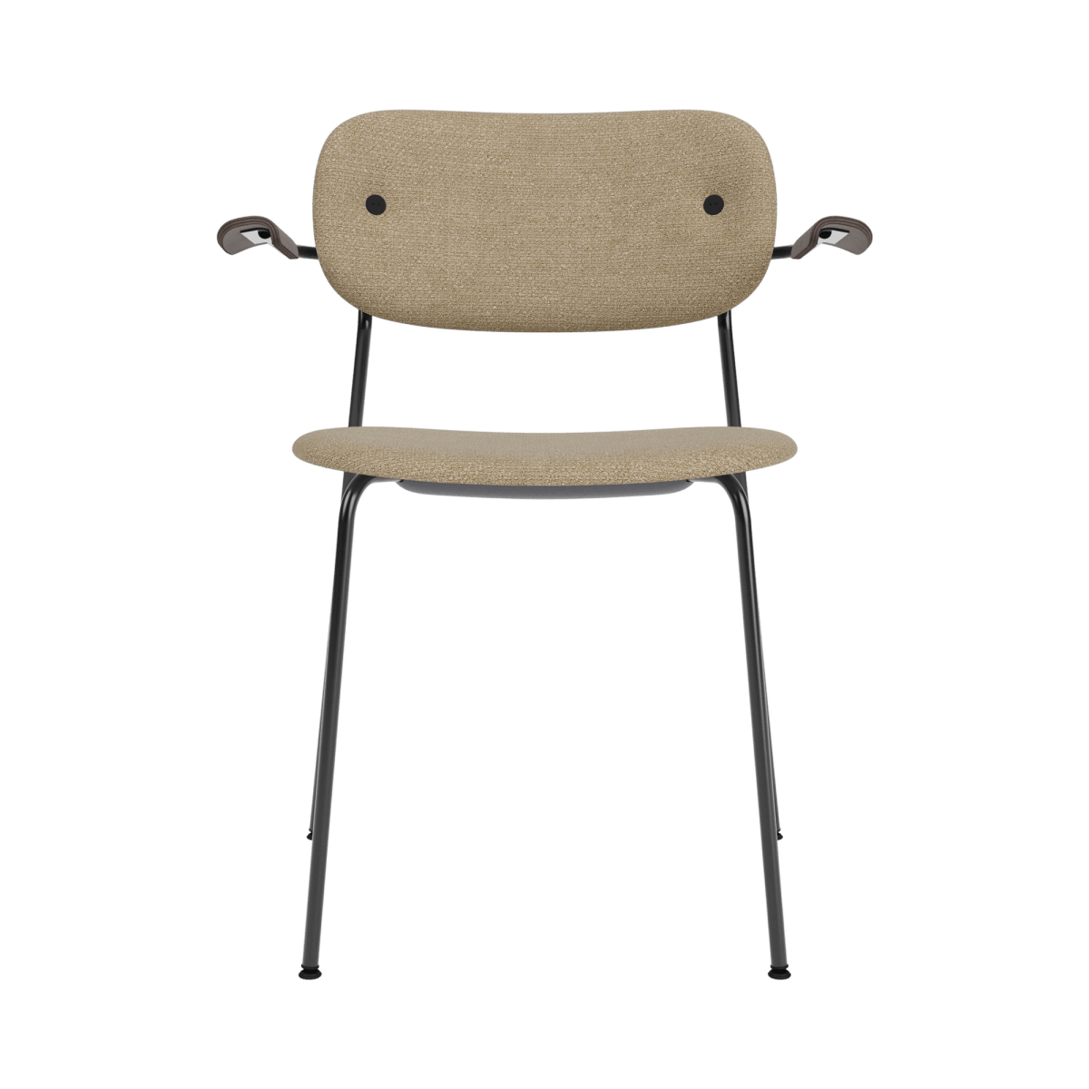 Co Dining Chair with arms, fully upholstered in tan Bouclé 02, dark stained oak armrests and a black steel frame.