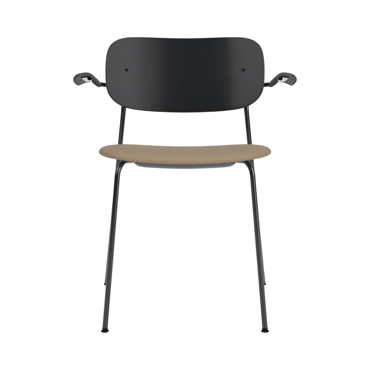 Front view of the Co Dining Chair with arms, featuring a black oak backrest and tan Sierra 1611 seat on a black steel frame.