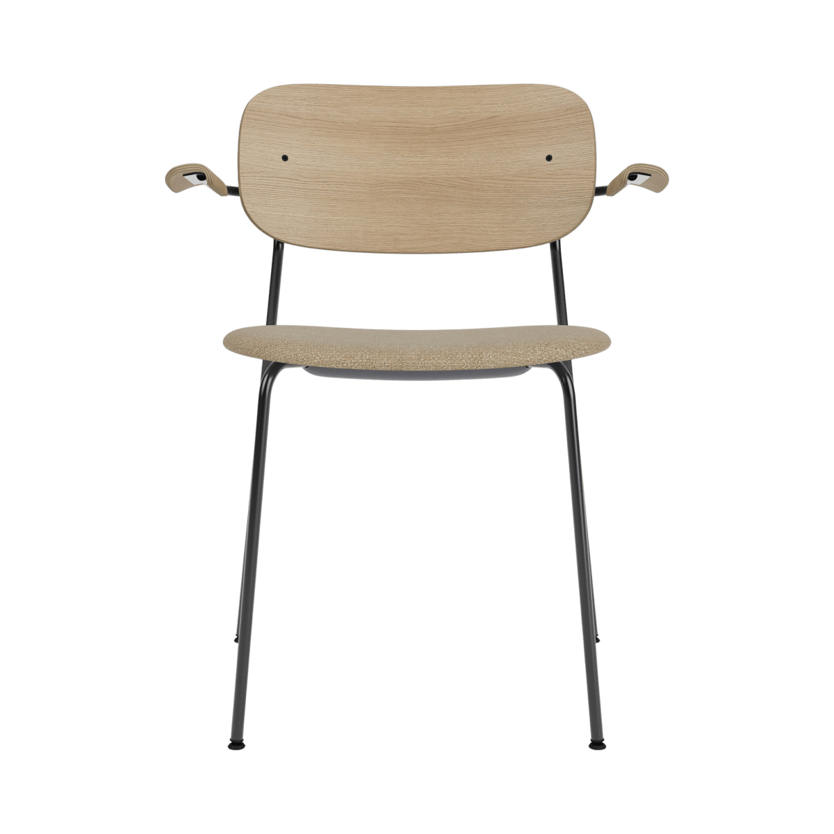 Co Dining Chair with Arms in natural oak veneer, featuring a black steel frame and a beige bouclé upholstered seat.