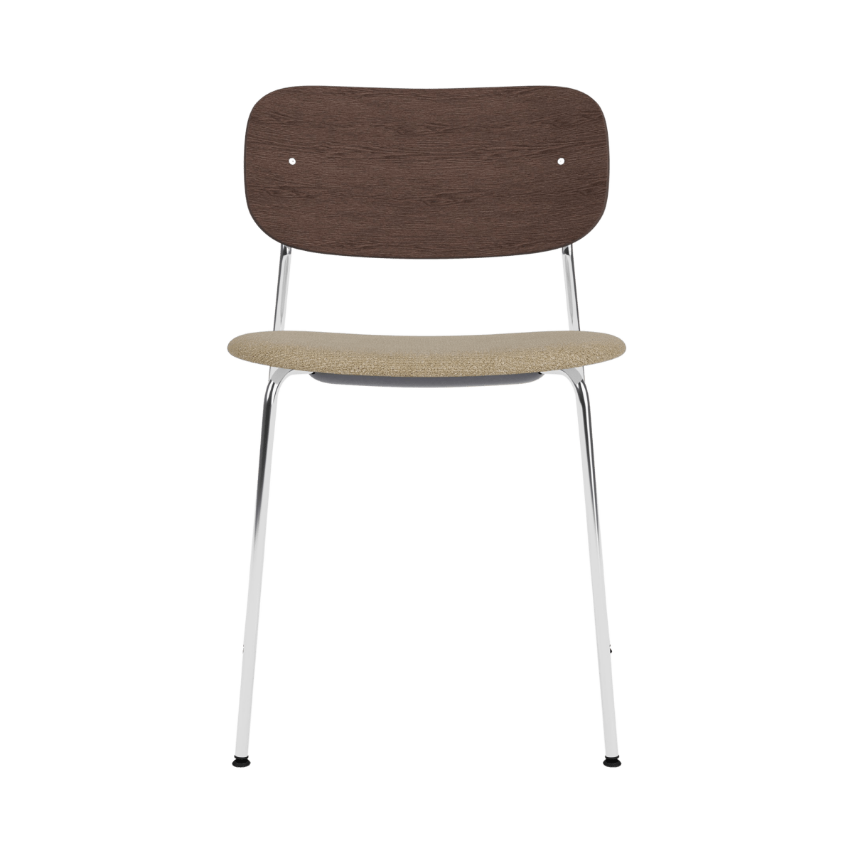 Front view of the Co Dining Chair with a dark-stained oak backrest, light boucle upholstered seat, and chrome frame.