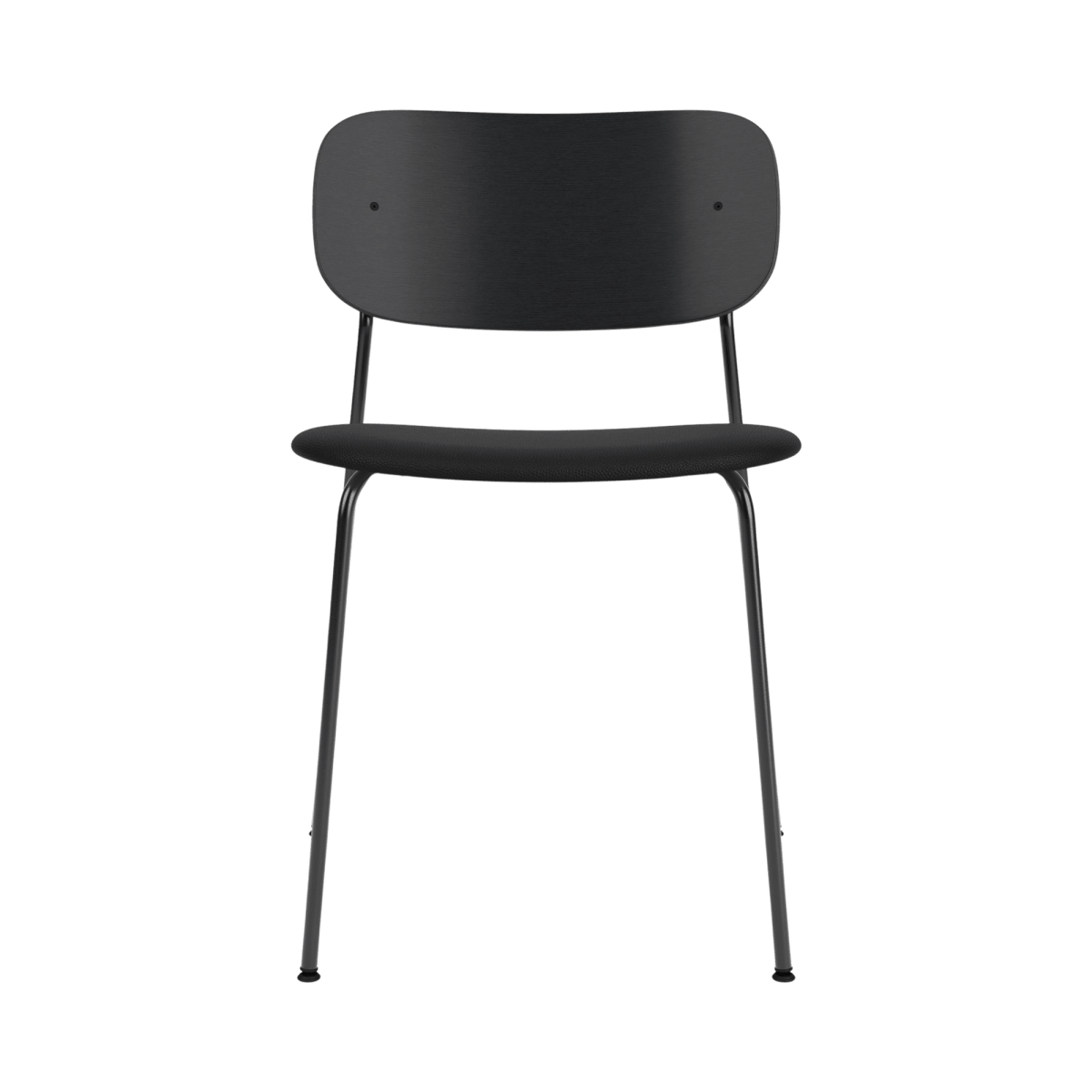Front view of the Co Dining Chair, Without Arms, with a black oak back and black Sierra leather upholstered seat.