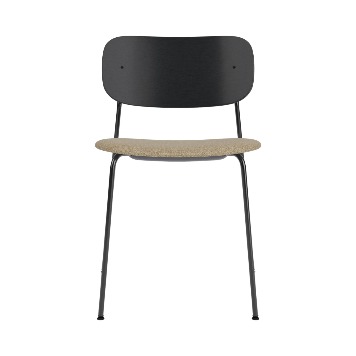 Co Dining Chair without arms featuring a black painted oak back and a beige Audo Bouclé 02 upholstered seat.