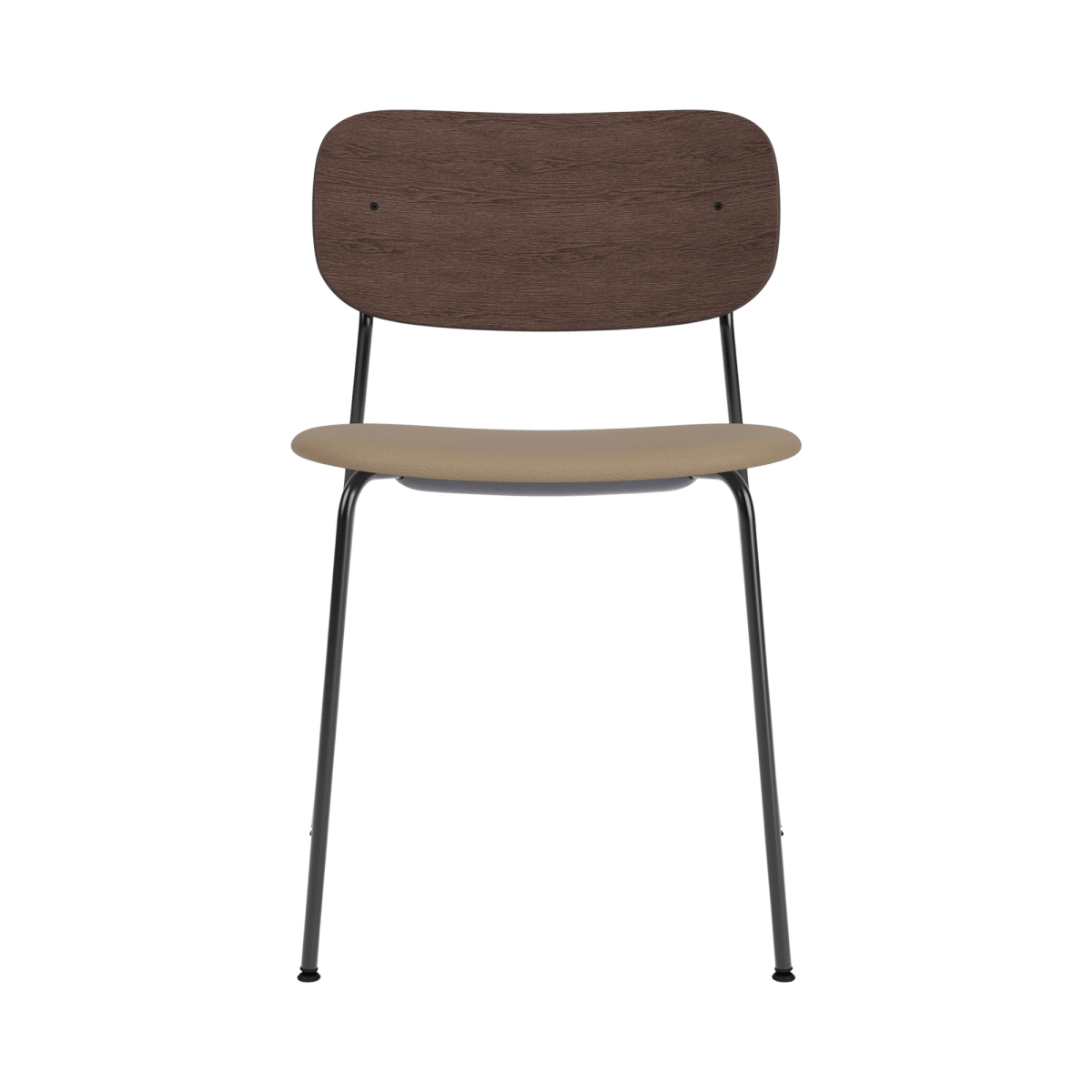Co Dining Chair without arms seen from the front, with a dark-stained oak back and tan Sierra 1611 seat on a black frame.