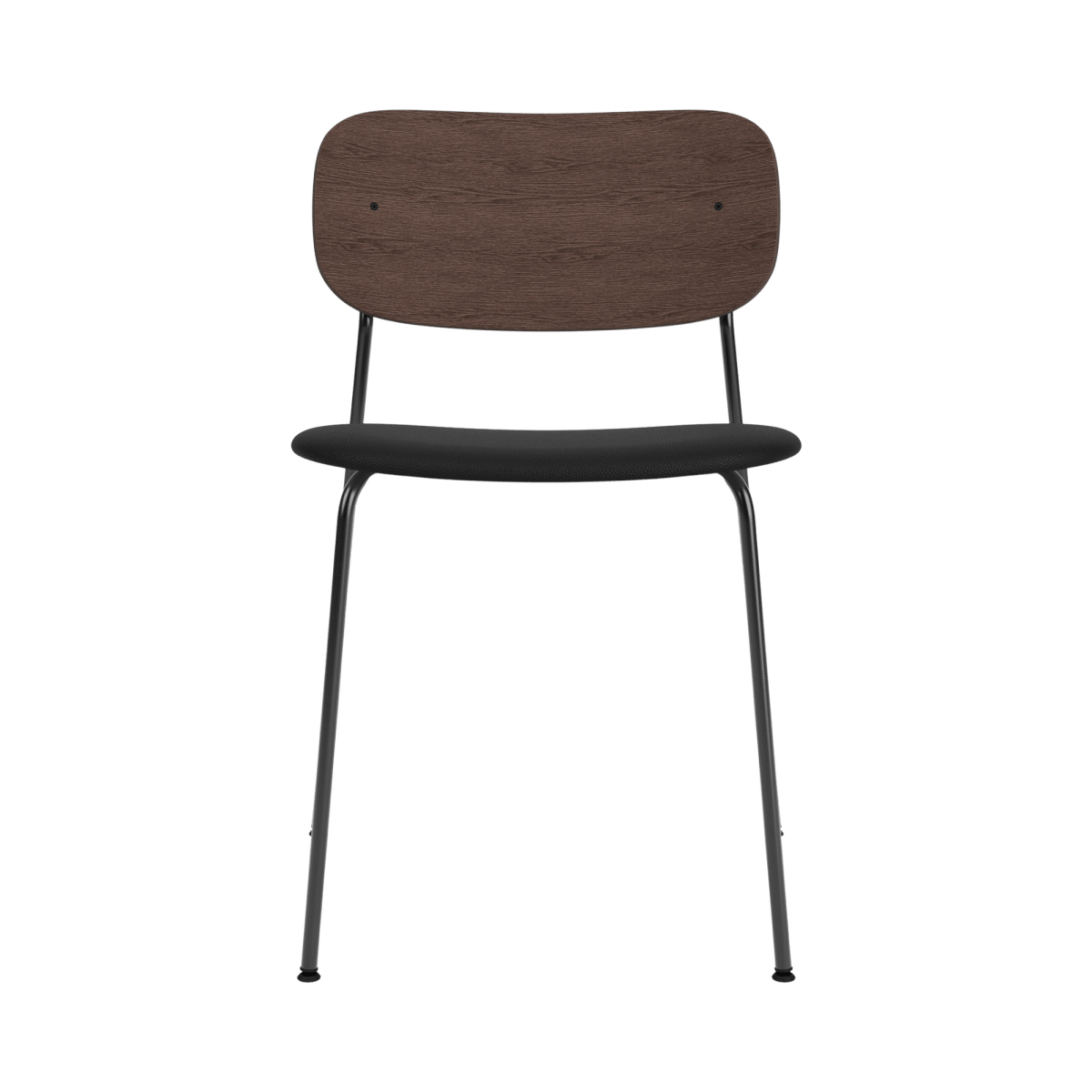 Co Dining Chair with a dark-stained oak back and black Sierra leather seat on a slender black powder-coated steel frame.