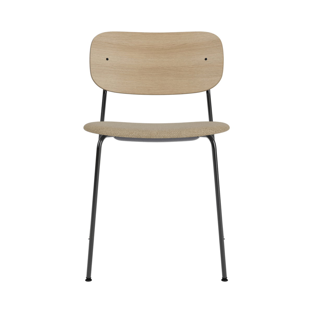 Co Dining Chair featuring a natural oak backrest and beige bouclé seat on a slim black powder-coated steel frame.