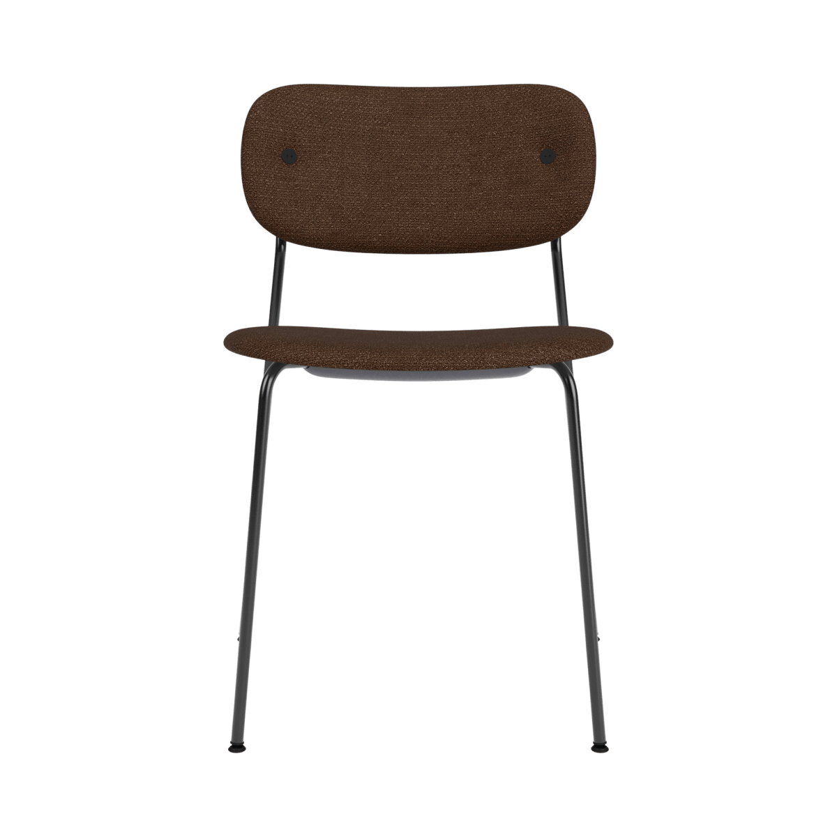 Fully upholstered Co Dining Chair without arms, featuring dark bouclé fabric and a slender black steel frame.