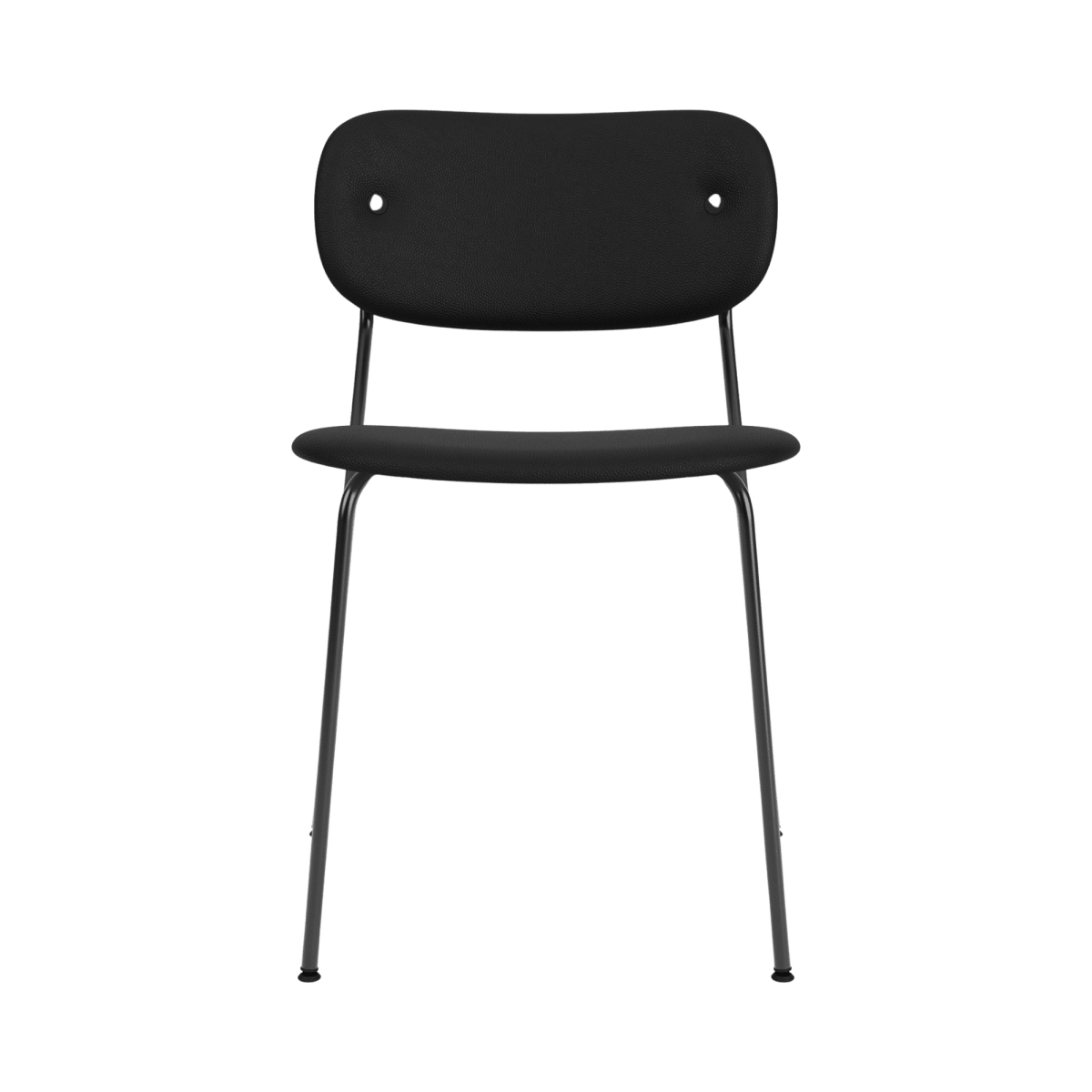 Front view of the Co Dining Chair, fully upholstered in black Sierra leather with a slender black steel frame.