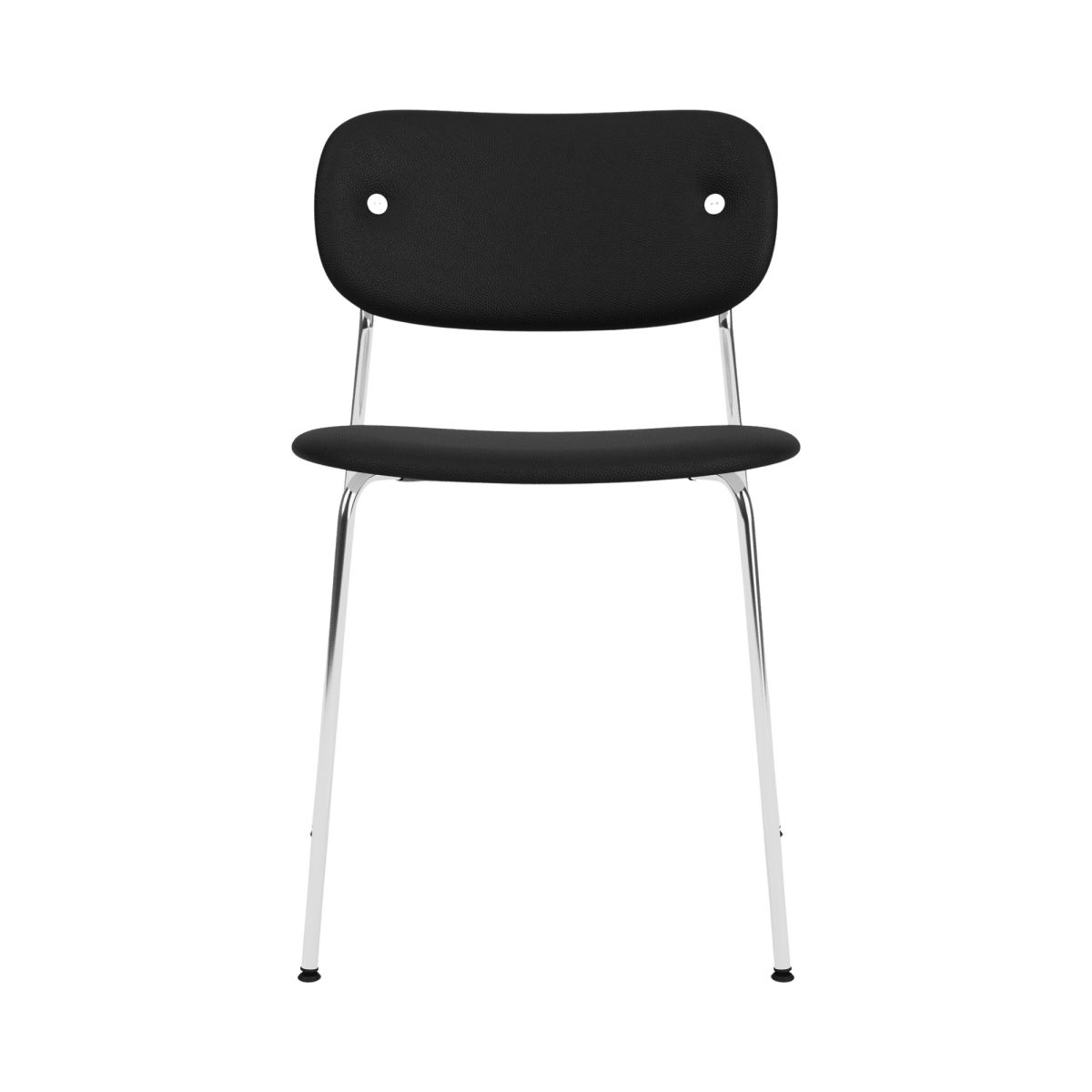 Front-facing Co Dining Chair without arms, fully upholstered in black with a polished chrome steel frame.