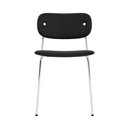 Front-facing Co Dining Chair without arms, fully upholstered in black with a polished chrome steel frame.