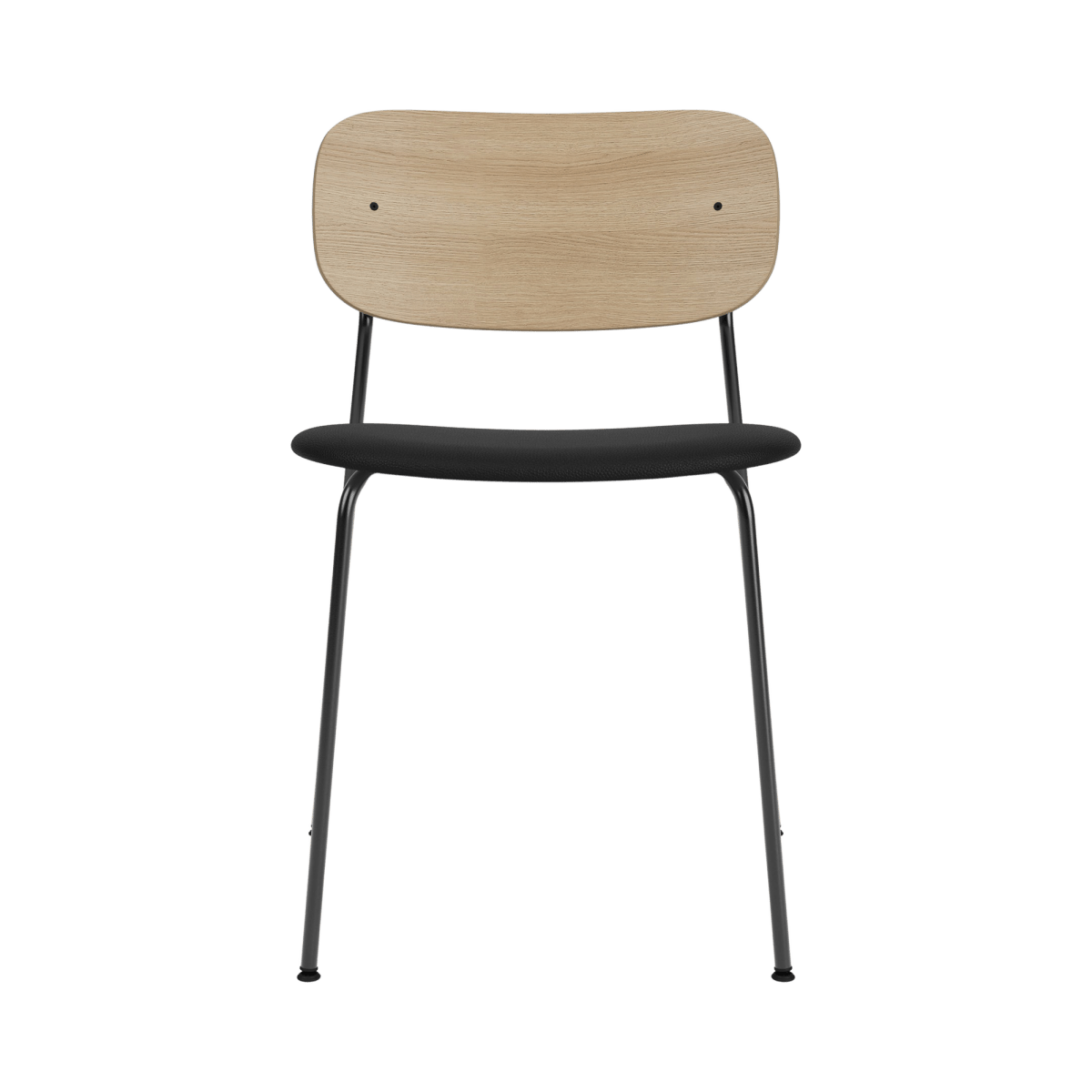 Front view of the Co Dining Chair with a natural oak backrest and black Sierra leather seat on a black steel frame.