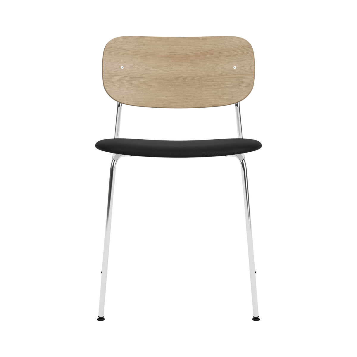 Co Dining Chair with a natural oak backrest, black Sierra 1001 leather seat, and a minimalist chrome frame.